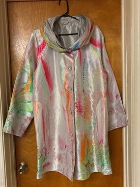 UBU Reversible multi color Paint Splatter /Silver Rain Coat EUC